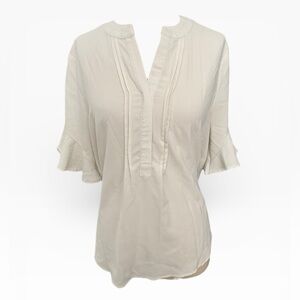 Cream V Neck Lightweight Ruffle ‎ Shortsleeve Casual Women's Top Size M